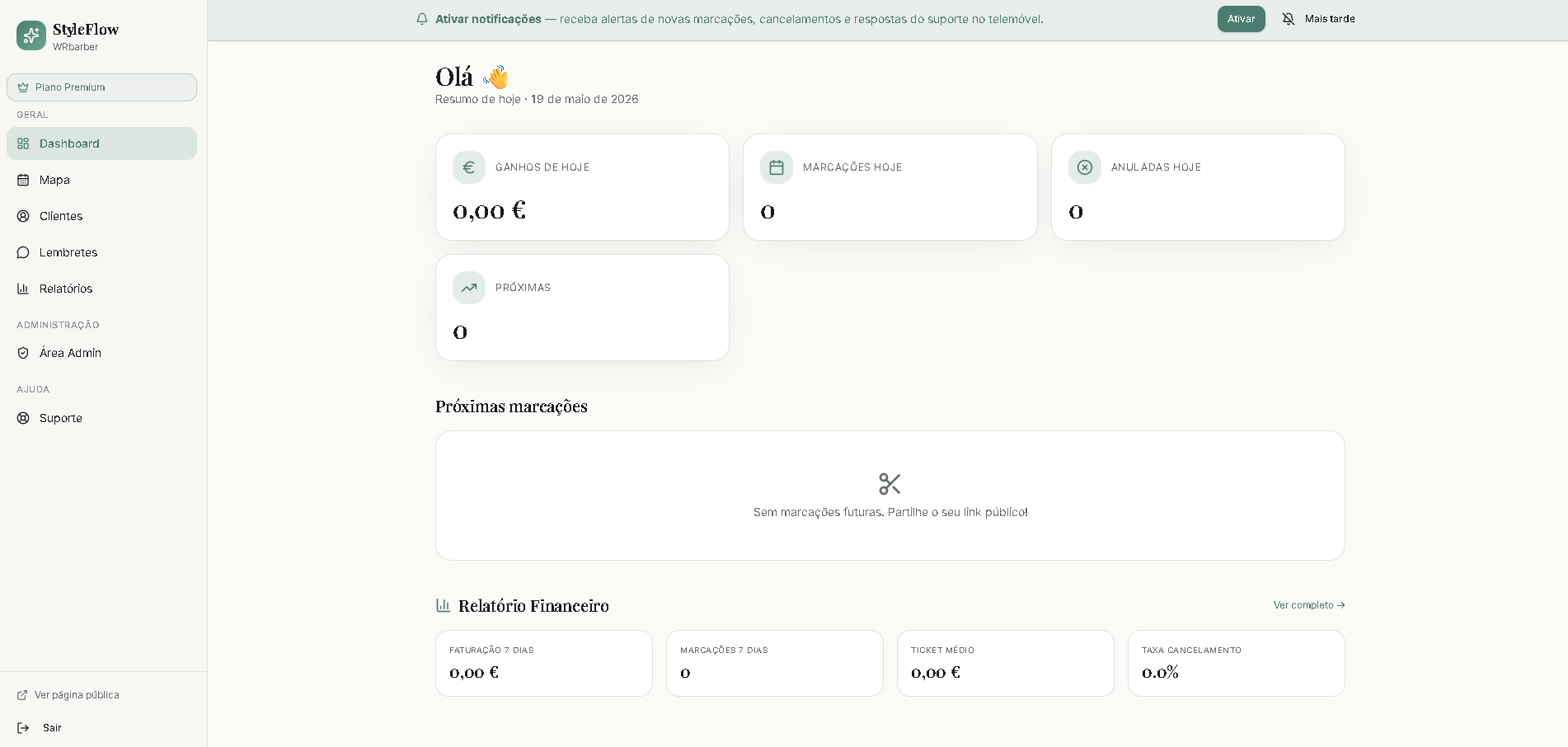 Painel StyleFlow — dashboard de marcações, ganhos e relatórios para barbearias e cabeleireiros